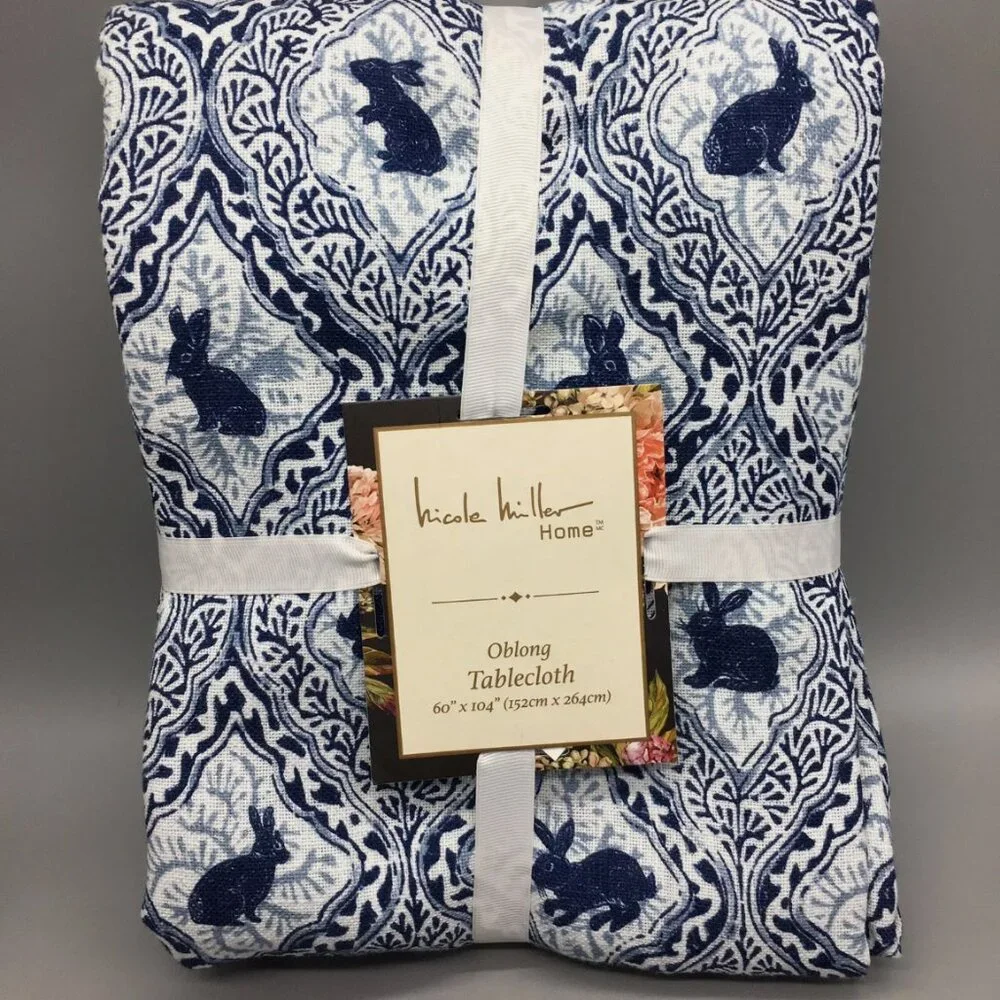 Nicole Miller Easter Bunny Tablecloth 60x104 Blue White Farmhouse Country Spring